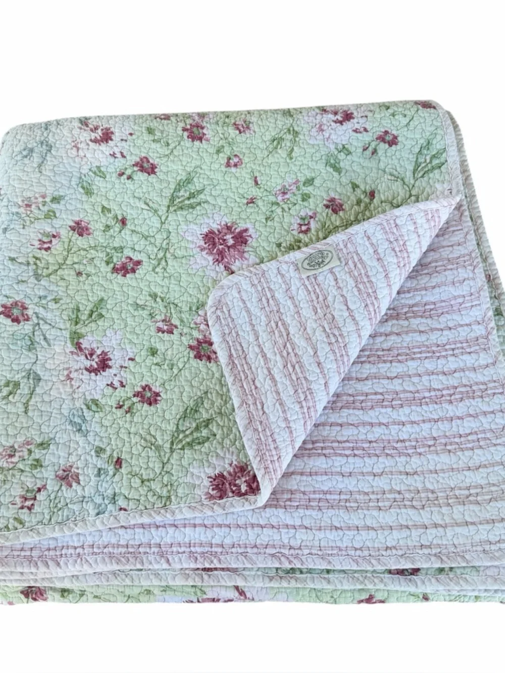 VTG Laura Ashley Reversible Floral Quilt Green Pink Roses Stripes 84x86 FLAWS